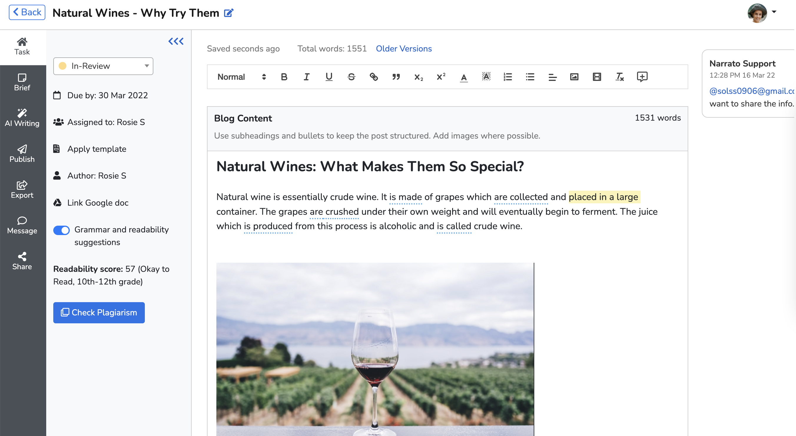 screenshot of Narrato Workspace